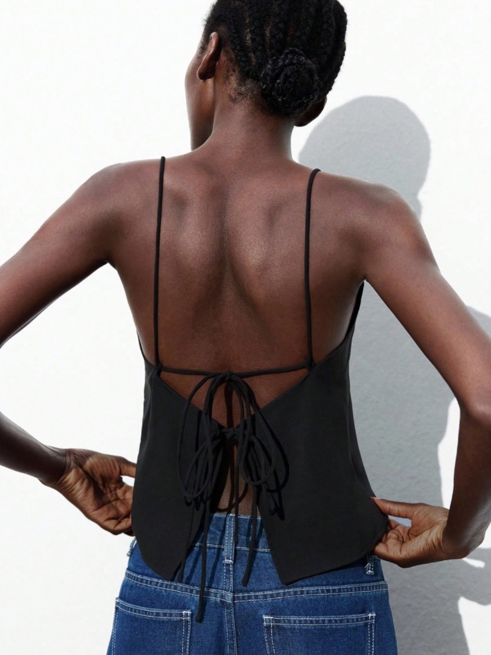 Black Camisole Open Back with Ties Top, Square Neck